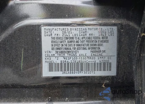 2021 Nissan Sentra Sr Xtronic Cvt z USA, uszkodzony, nr VIN 3N1AB8DV2MY321071